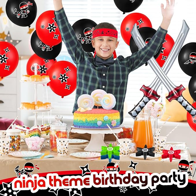 Deekin 48 Pcs Ninja Karate Party Favors Include Inflatable Sword Throwing Foam Star Toys Karate Headband for Ninja Theme Party Decoration Supplies Goodie Bag Filler Gift Costume Accessories