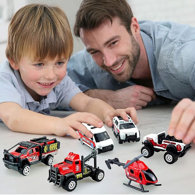 Mini Diecast Emergency Rescue Vehicle Car Set ,6 Pack Emergency Rescue Vehicle Car Ambulance Helicopters Toys for Toddlers Ages 1 2 3-5 6 Birthday Stocking Stuffers for Kids Gifts
