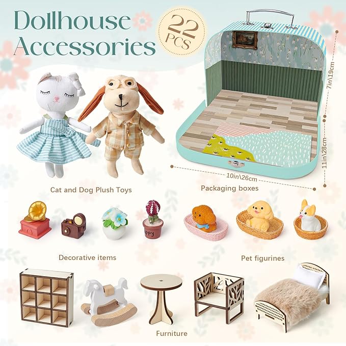 Portable Dollhouse Suitcase for Ages 3-8, Foldable Bedroom Playset with 21 Wooden Furniture, Cute Animal Dolls & Accessories, Travel-Friendly Pretend Play Toy