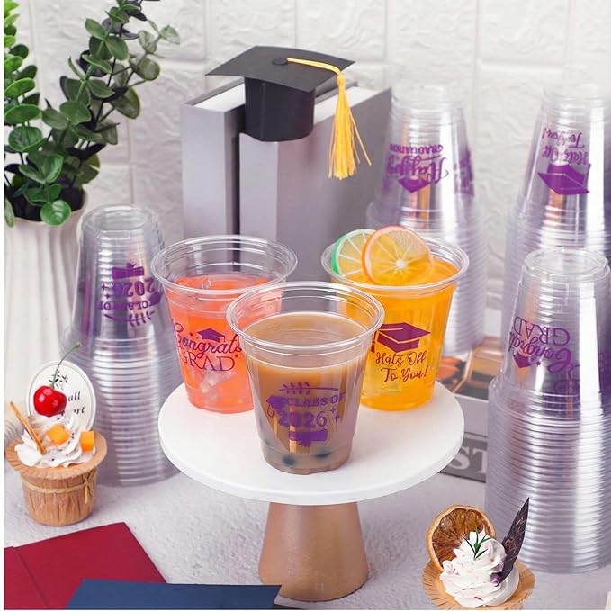 Eaasty 100 Pcs 12oz Graduation Cups 2026 Disposable Plastic Cups for Class of 2026 Graduation Party Congrats Grad Elegant Party Supplies Tableware Decorations (Purple)