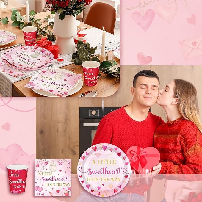 Hushee 200 Pcs Valentine's Day Little Sweetheart Baby Shower Paper Plates Cups Napkins Party Supplies Tableware Set Disposable Cup Napkin for 50 Guest Party Decoration