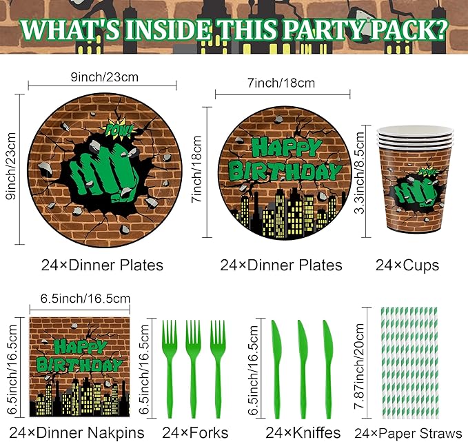 168PCS Green Hero Party Supplies SuperThemed Hero Birthday Party Decorations with Cartoon city Paper Plates and Napkins Forks Knives and Straws for 24 Guests