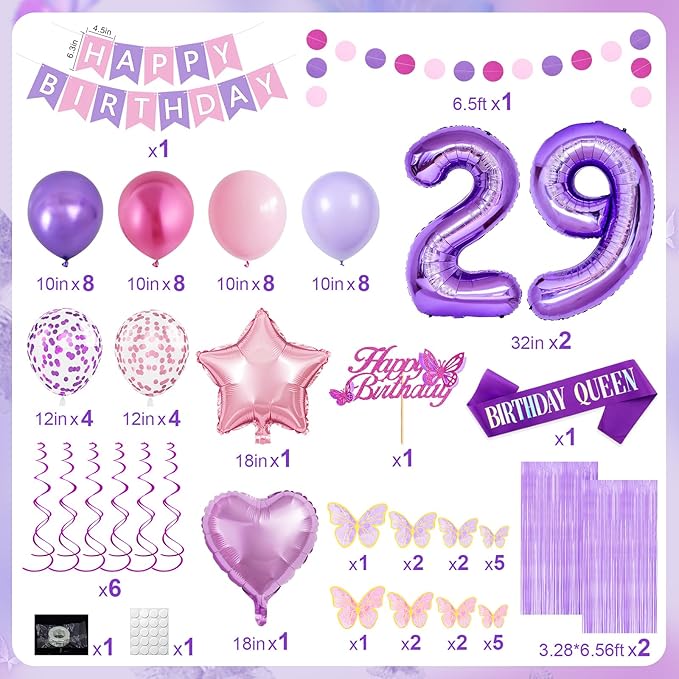 29th Purple Birthday Decorations for Women, Pink and Purple Happy 29 Birthday Party Decorations with Happy Birthday Banner, Number Foil Balloons, Butterfly Cake Topper for 29th Party Supplies