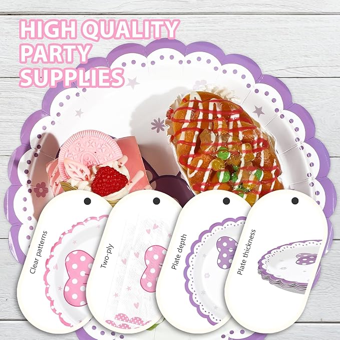 96Pcs Cartoon Mouse Party Decorations Cute Mouse Birthday Paper Plates and Napkins Tableware Sets Pink and Purple Bows Themed Decor for Girls Holiday Birthday Party Supplies Serves 24
