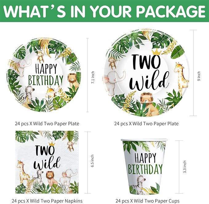 Jungle Animal Theme Two Wild Birthday Plates And Napkins Party Supplies - Safari Party Decorations For 2-Year-Old Birthday, Plate, Cup, Napkin | Serve 24