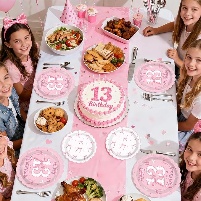 96Pcs Pink Bow Party Supplies Coquette 13th Birthday Party Plates and Napkins Disposable Bow Themed Tableware Set for Girl Happy 13th Birthday Baby Shower Decorations, Serves 24