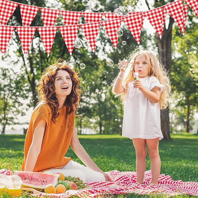 Boao 10 Strips Red and White Checkered Banner 98 ft Gingham Pennant Banner Flag Paper Pennant for BBQ Picnic Carnival Theme Birthday Wedding Pizza Festivals Party Decorations Outdoor Home Decor