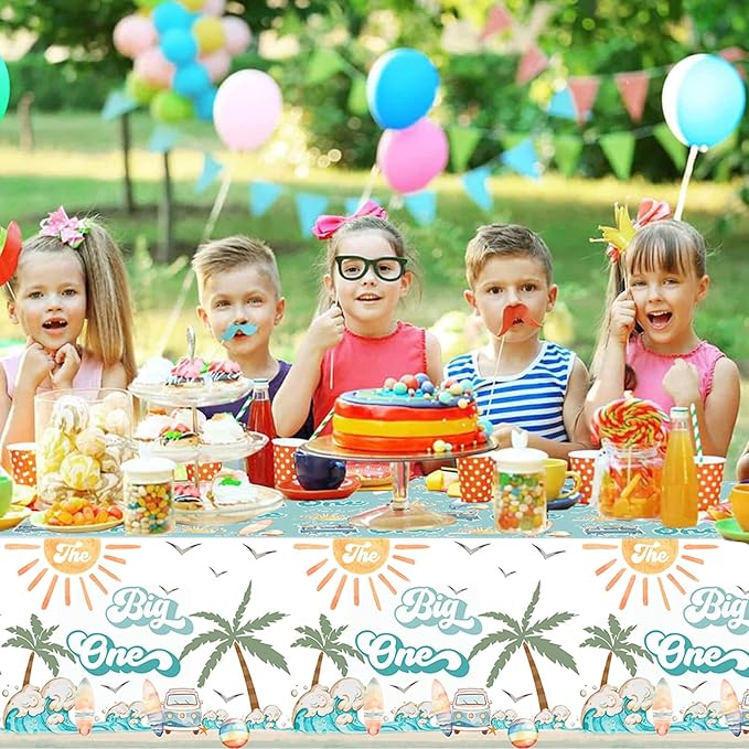 3 Pcs Surf 1st Birthday Party Supplies Boy Table Cloth 54in x 108in Surfing The Big One Tablecovers for Summer Beach Theme Boys Surfing First Birthday Baby Shower Party Table Decorations