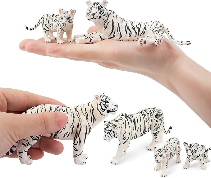 Toymany 6PCS Realistic White Tigers Figurines with Tiger Cubs, 2-6" Jungle Animals Figures Family Set Includes Baby Tigers, Educational Toy Cake Toppers Christmas Birthday Gift for Kids Toddlers