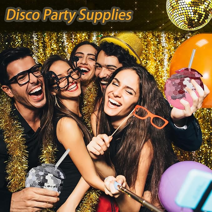 Disco Ball Cups, 20OZ Disco Party Cups with Lid and Reusable Straw Flash Ball Cocktail Cup for Party Nightclub Bar Supplies Wine Drinking Syrup Tea Bottle (25, Silver)