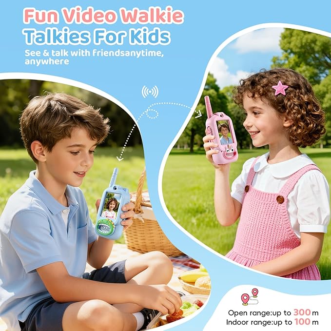 Video Walkie Talkies for Kids 2 Pack Rechargeable Kids Video Walkie Talkies Gift Box Set with Silicone Case, Walkie Talkies for Indoor Outdoor Play Birthday for Boys Girls Ages 3–12