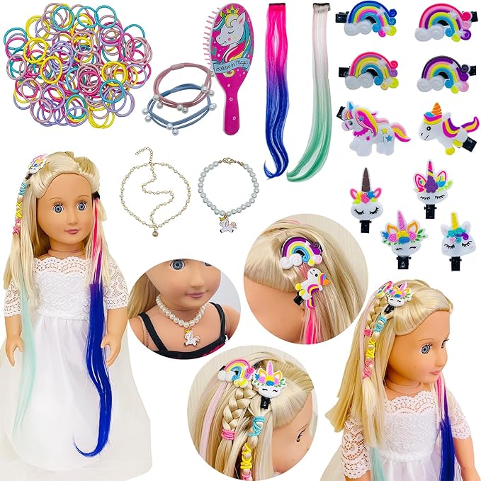 18 inch Doll Hair Accessories for American OG Dolls Hair Brush Rainbown Unicorn Kit Accessories Girl Dolls-Shaped Head Children's Gift（No Doll）
