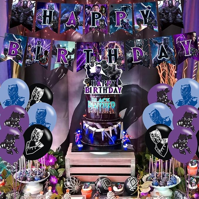 Panther of Black Party Decorations,Panther of Black Birthday Party Supplies Includes Banner - Cake Topper - 12 Cupcake Toppers - 18 Balloons