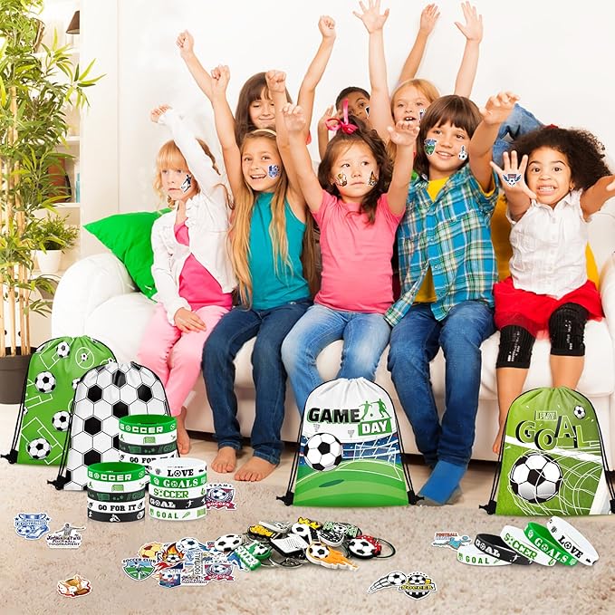 110 Pcs Soccer Party Favors Drawstring Bags with Keychains Silicone Bracelets Stickers Soccer Goodie Bags Gift Bags for Sports Birthday Party Supplies Soccer Themed