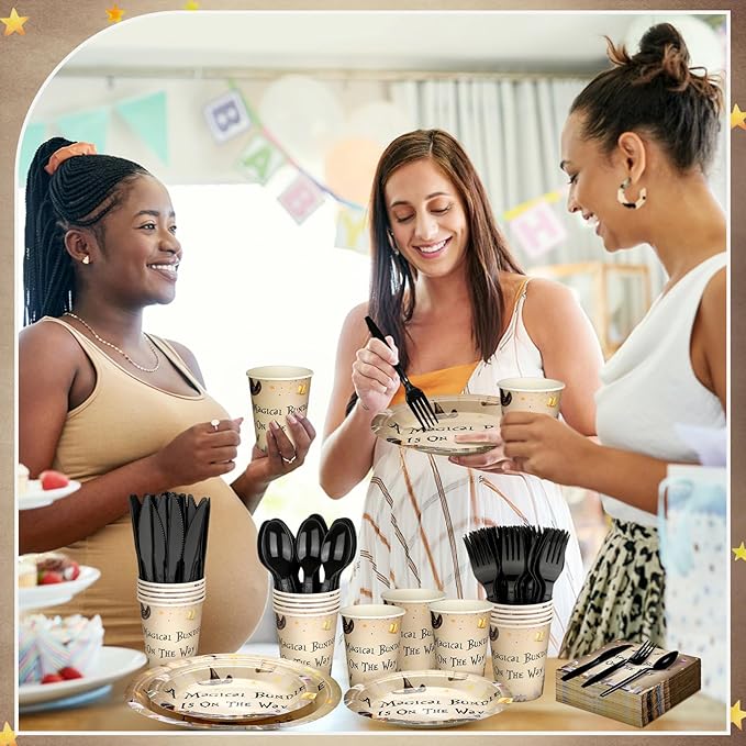 Dandat 350 Pcs Baby Shower Plates Set Baby Shower Party Supplies Serves 50 Tableware Sets Include Plates Napkin Cup Forks Knives Spoons Disposable Dinnerware(Magical Wizard,Black)