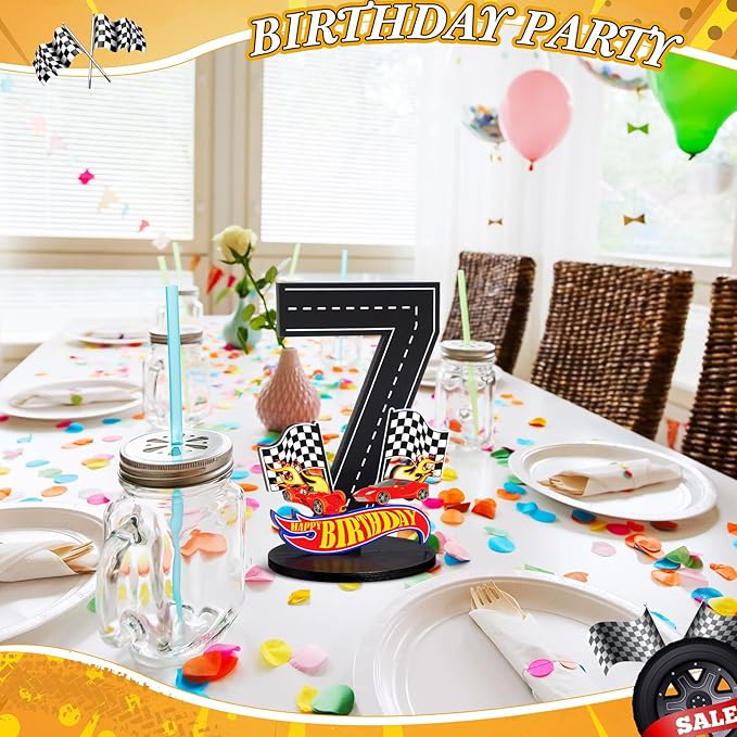 Race Car 7th Birthday Number Sign Centerpiece Race Car Theme 7th Birthday Party Supplies Wooden Table Decoration Photo Props for Boys Seven Years Old