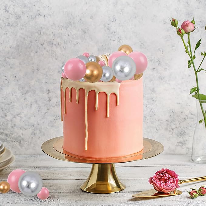 Gyufise 30Pcs Balls Cake Topper Foam Ball Cake Picks Mini Balloon DIY Cake Insert Topper Decoration for Baby Shower Wedding Anniversary Kids Birthday Party Cake Decorations Gold Silver Pink