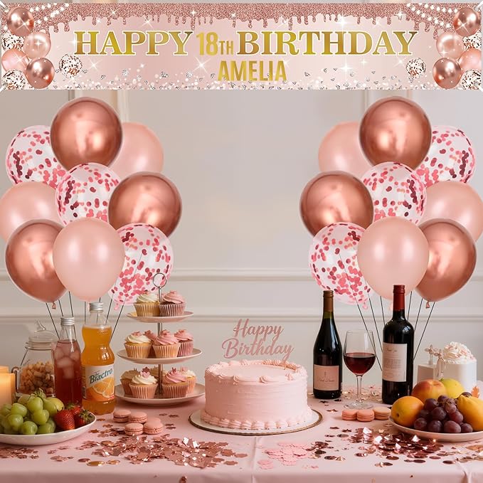 Rose Gold Birthday Decorations Banner with Personalized Letter Stickers and Balloons DIY Rose Gold Happy Birthday Yard Banner Custom Bday Sign for Girls Women Bday Party Supplies Outdoor