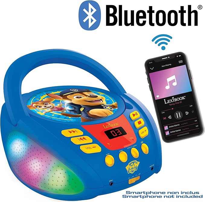 Lexibook - Paw Patrol - Bluetooth CD Player for Kids – Portable, Multicoloured Light Effects, Microphone Jack, Aux-in Jack, AC or Battery-Operated, Girls, Boys, Blue/Red, RCD109PA