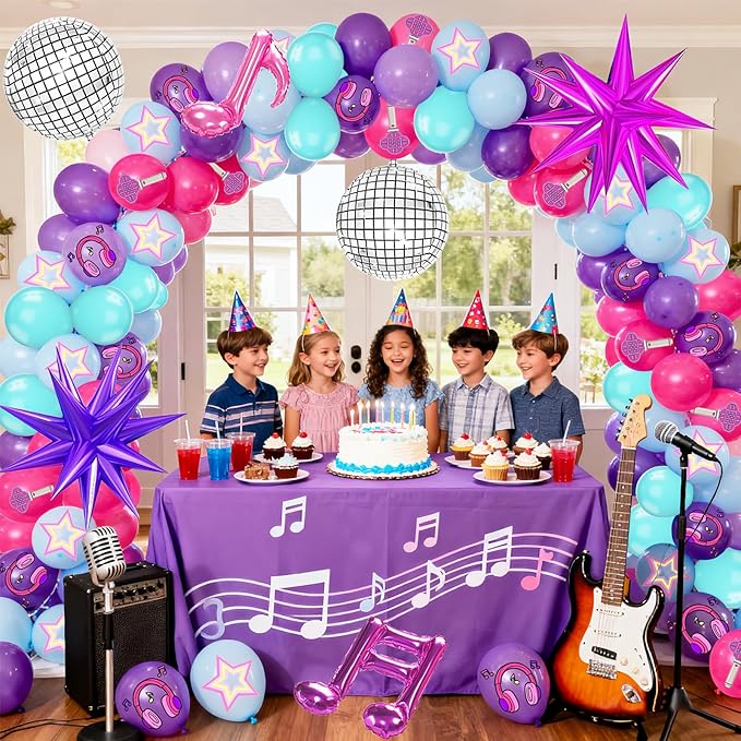 126 Piece Purple Blue And Pink Balloon Arch Kit, With Musical Symbols Print Balloons For Cartoon Magical Music Themed Birthday Party Decorations, Boys And Girls Gatherings Party Supplies