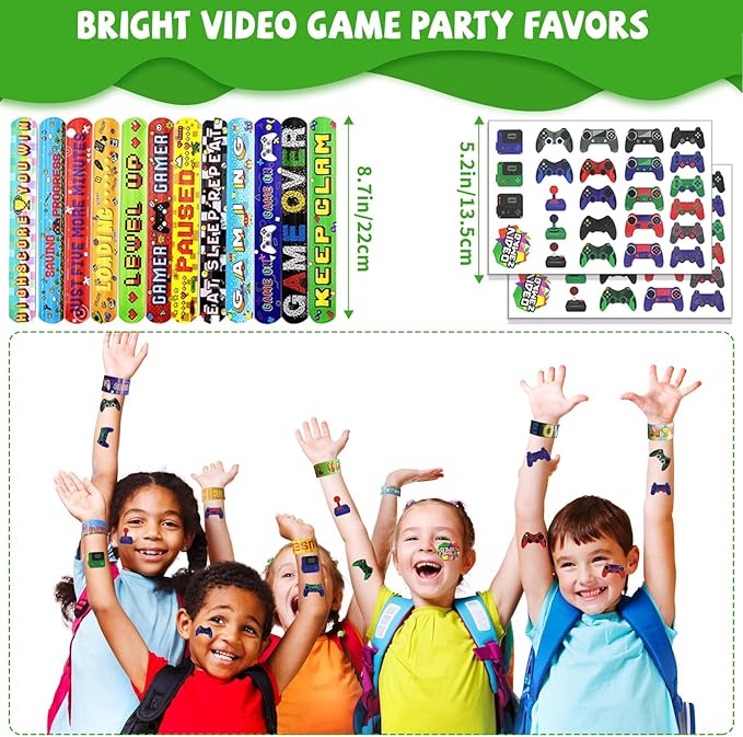 146 Pcs Video Game Party Favors, Gamer Party Favor -Ink Pen Notebook VIP Passes with Lanyards Slap Bracelets Keychains Bags Tattoo Stickers for Kids Gaming Party Favors Game On Birthday Partys Favor