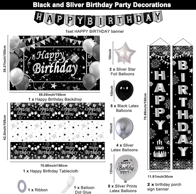 Black Birthday Decorations for Men Women, Black and Silver Party Decorations Boys Girls with Black Happy Birthday Banner Tablecloth Backdrop Porch Sign Door Decorations, Black Bady Party Supplies