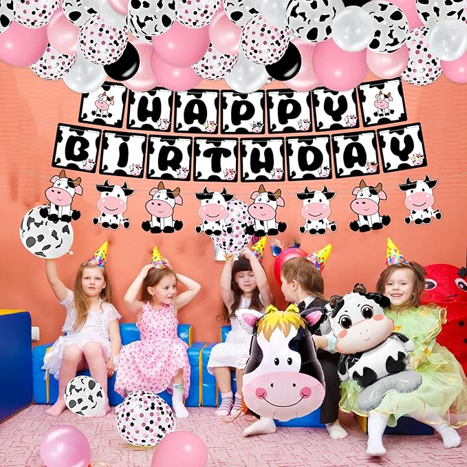Bluegogo 120PCS Cow Birthday Party Decorations, Cow Print Birthday Decorations Include Pink Cow Balloon Garland Arch Tablecloth Banner Toppers Balloons for Cow Themed Birthday Party Supplies