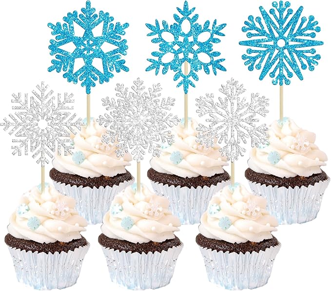 36Pcs Snowflake Cupcake Toppers Glitter Winter Frozen Theme Snowflake Cupcake Pick Decorations for Baby Shower Kids Birthday Christmas Party Decorations Supplies Blue Silver