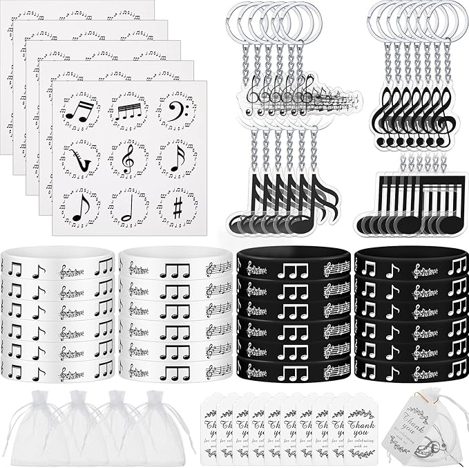 Deekin 187 Pieces Music Party Favors with Music Notes Silicone Bracelets, Metal Note Keychains, Round Label Stickers, Thank You Tags and Sheer Organza Bags for Theme Party Supplies Decorations