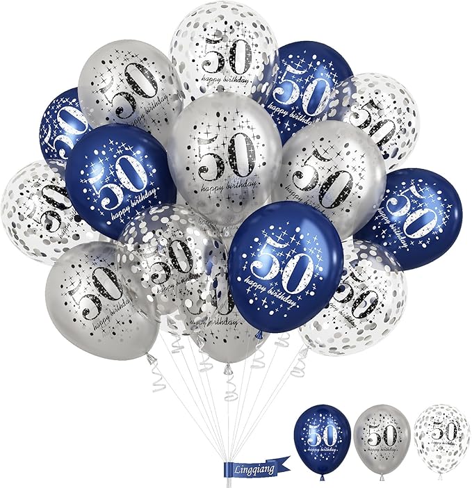 Happy 50th Birthday Balloons Navy Blue Silver, 15 Pieces 50th Birthday Decorations for Men, Blue Silver 50th Party Balloons for Him Age 50 Years Old 50th Birthday Party Decor Celebration Supplies