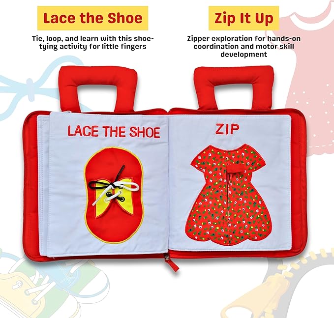 My Quiet Book by Pockets of Learning Montessori Basic Life Skills Activity Toy | Interactive Early Education Preschool Activity Busy Book for Toddlers & Children Soft Fabric Original Quiet Travel Book