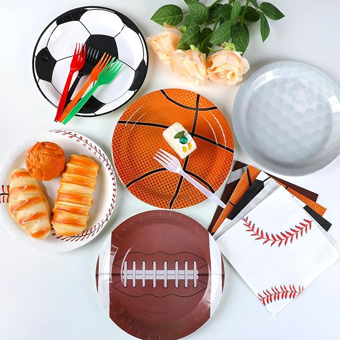 100 Pcs Sports Birthday Party Decorations Sports Themed Plates and Napkins Basketball Football Soccer Baseball Rugby Disposable Dessert Tableware Set for Boy Birthday Party Supplies Favors
