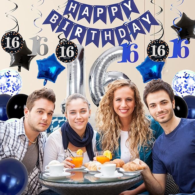 16th Birthday Decorations for Boys and Girls Dark Blue, HAPPY BIRTHDAY Banner Silver Number 16 Balloons, Deep Blue Theme Party for Him - 16 Years Old Birthday Party Supplies Kit for Her