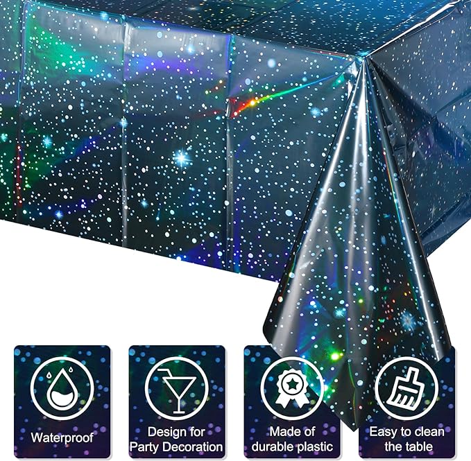 2Pcs Iridescent Space Tablecloths, Disposable Plastic Blue Galaxy Table Cloth Rectangle Table Covers for Space Starry Night Star Theme Party Birthday Party Decorations, 54x108 Inch