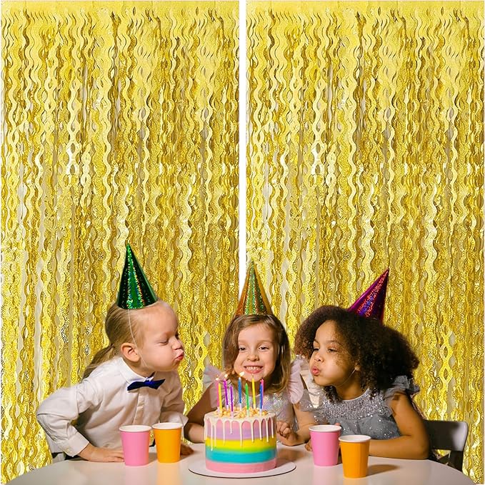 2 Pack Gold Wavy Foil Fringe Curtains, 3.3x6.6 Ft Metallic Tinsel Wavy Backdrop Party Decorations Door Gold Streamers for Birthday Wedding Engagement Decor,Party Supplies