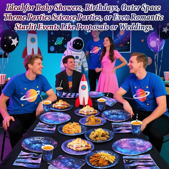 450 Pcs Space Galaxy Tableware Set Decorations, Starry Sky Paper Plates Napkins Cups Cutlery Straws for Outer Space Theme Birthday Baby Shower Party Supplies, Serves 50