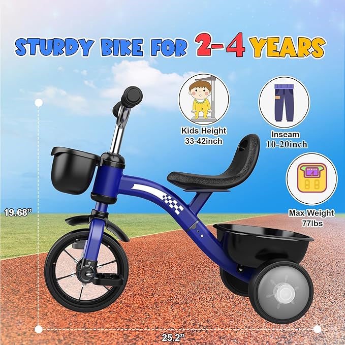 Toddler Tricycle for 1-3 3-4 Year Olds, 2 3 4 Year Old Boys Girls Birthday Gifts, Toddler Toys Baby Bike, Outdoor Toys for Ages 2-4, 3-Level Adjustable Seat, 3 Color Light Wheels, 2 Baskets