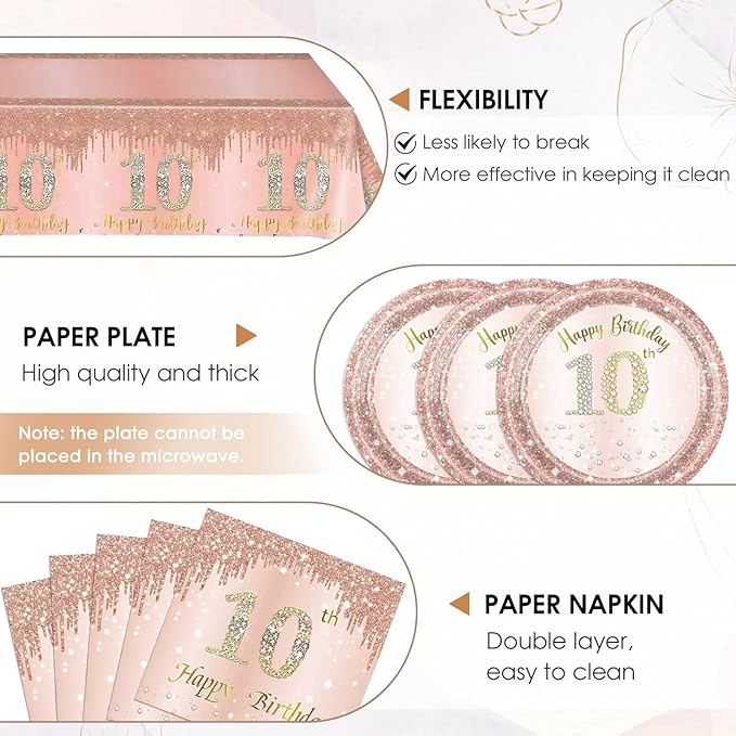 41 Pcs 10th Birthday Decorations for Girl,Rose Gold Happy 10 Years Old Ten Birthday Party Tableware Set 10th Birthday Party Plates and Napkins,Tablecloth for Kids Girls Teenager Favors