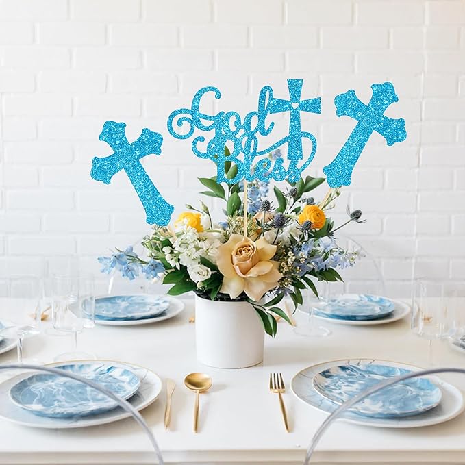 Gyufise 12Pcs God Bless and Cross Centerpiece Sticks Double Sided Cross God Bless Table Flower Centerpieces Sticks First Communion Baptism Decorations for God Bless Theme Party Supplies Blue