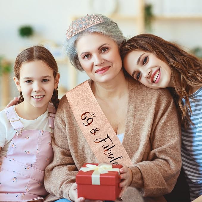 CIEHER 69 & Fabulous Birthday Set: Crown, Sash, Pearl Pin - 69th Birthday Decorations & Gifts for Women