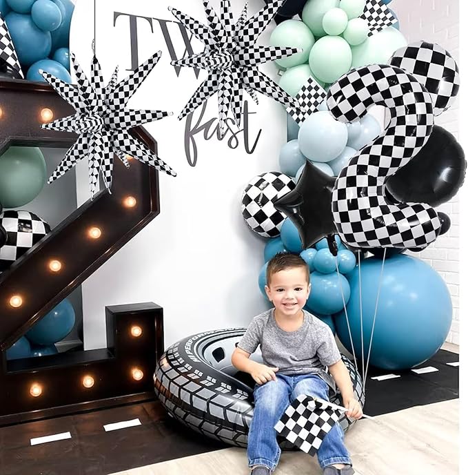 TONIFUL 40 Inch Checkered 2nd Birthday Balloons Set Number 2 Race Car Black White Checkered Round Explosion Star Balloons Boys Race Car Themed Birthday Party Decoraction