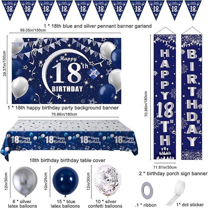 18th Birthday Decorations for Boys and Girls Blue, Happy 18th Birthday Door Backdrop Banner Balloons 18 Years Old Birthday Porch Sign Party Supplies with Latex Balloons Decor 18th Bday Boy Her Him