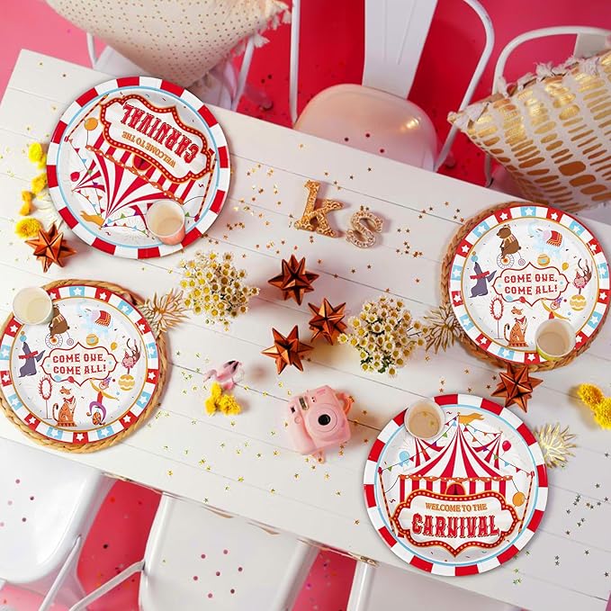 Grencian 96Pcs Carnival Party Decorations Carnival Circus Plates and Napkins Disposable Circus Theme Birthday Paper Tableware Set for Birthday Baby Shower Party Supplies, Serves 24