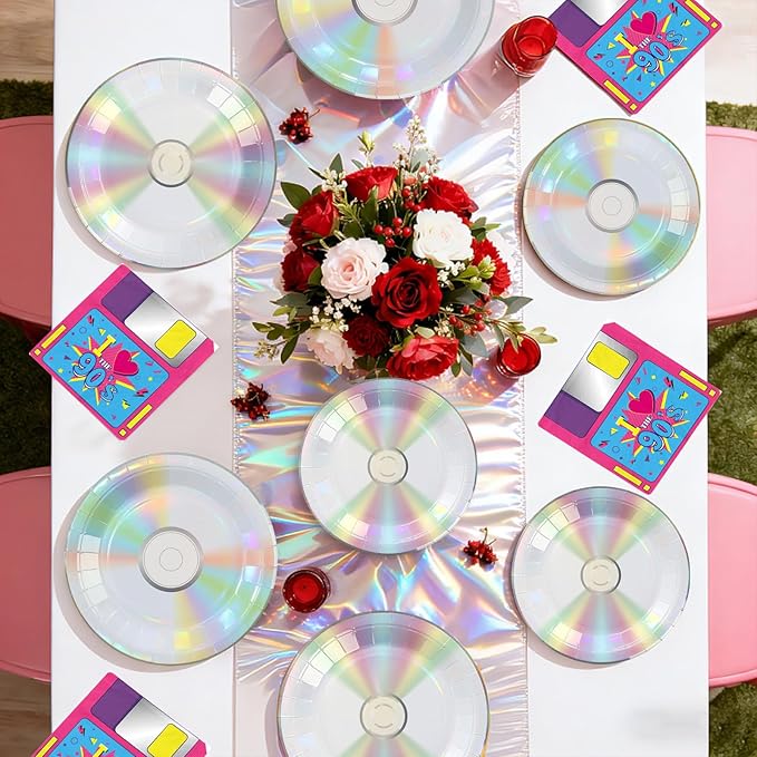 96 Pcs 90's Party Decorations Retro 90s Mix CD Plates and Napkins Disposable 1990s Disco Music Theme Tableware Set for Men Women 1990s 2000s Y2k Birthday Baby Shower Party Supplies Serves 24
