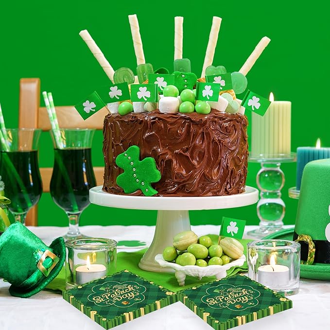 50 Pcs St Patrick's Day Shamrock Green Clover Paper Napkins, 6.5''x6.5'' Irish Green Gold Disposable Cocktail Beverage Napkins for Home Dinner Kitchen Bathroom Party Supplies