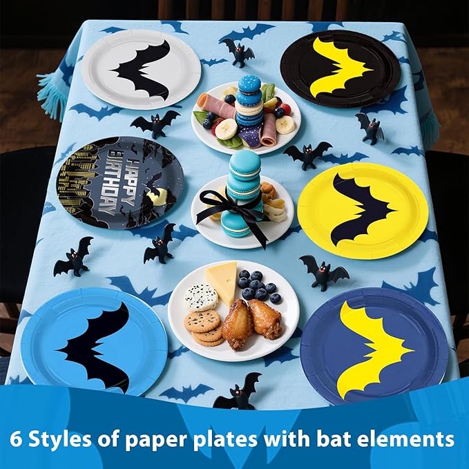 60Pcs Bat Theme Hero Party Paper Plates 9" Disposable Heavy Duty Cartoon Bat Birthday Dessert Plates Black Yellow Super Theme City Party Decorations for Boys Kids Baby Shower Holiday Party Supplies