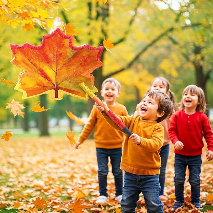 WERNNSAI Fall Leaf Piñata - Maple Leaf Piñata Thanksgiving Party Games for Kids Orange Autumn Hanging Leaves Decor Fall Festival Thanksgiving Family Party Favors with Blindfold