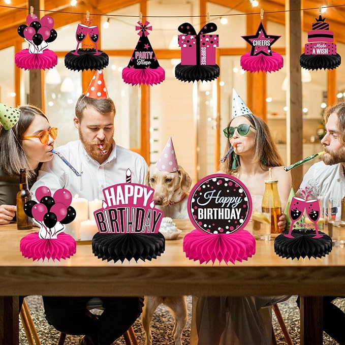 Pajean 8 Pieces Pink and Black Birthday Party Honeycomb Centerpieces Pink and Black Table Centerpieces Decorations Table Centerpiece Sign for Kids Adults Party Supplies