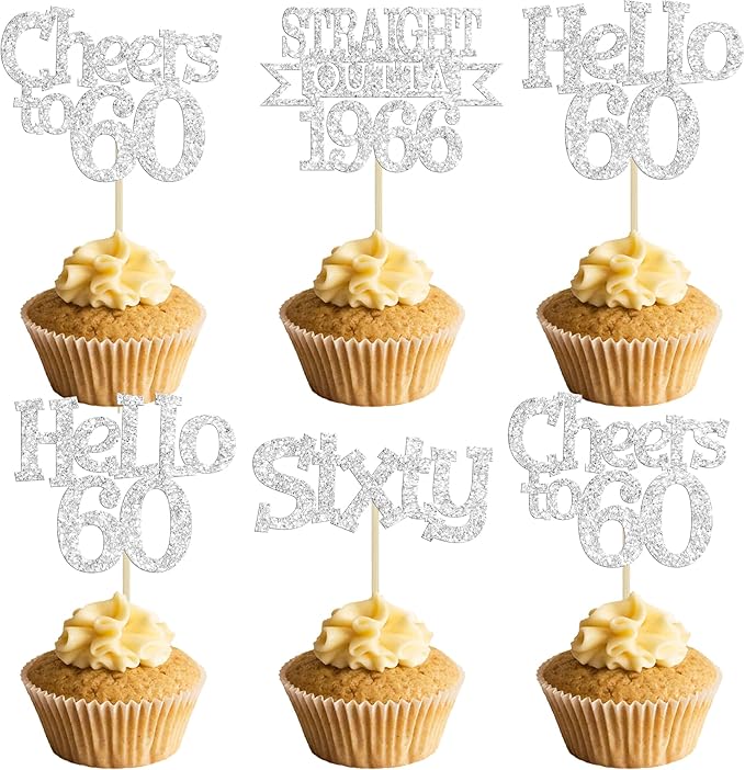 Ephlyn 24Pcs Happy 60th Birthday Cupcake Toppers Glitter Straight Outta 1966 Cupcake Picks Hello 60 Cheers to 60 Years Birthday Cake Decorations for 60th Birthday Anniversary Party Supplies Silver