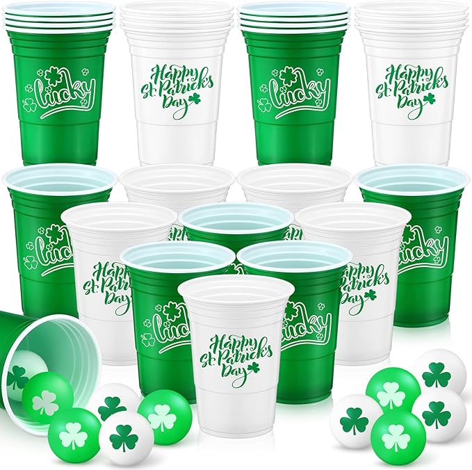 Pickmesh 30 Pack St. Patrick's Day Party Game Set, 22 Pack 16 oz St Patricks Day Plastic Beer Cups and 8 Pack 1.5in Green Shamrocks Balls Beer Game Set for Irish Festival Party Games Favors